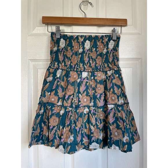 Perry Walker Collective Blue floral print Smocked Waist Tiered Mini Skirt Sz 3/L - Picture 1 of 7